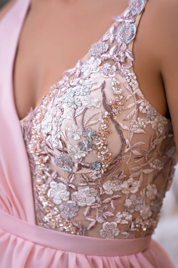 Elegante vestido de noche largo rosa con escote en V, corte en A, sin mangas, con lentejuelas y abertura