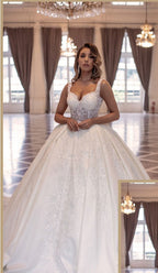 Elegantes vestidos de novia largos de corte princesa, sin mangas, con encaje.