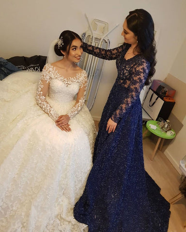 Elegantes vestidos de novia largos de princesa, de tul y encaje, con mangas