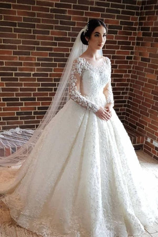 Elegantes vestidos de novia largos de princesa, de tul y encaje, con mangas