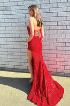 Robe de soirée longue rouge élégante à une épaule, en dentelle pailletée et fendue