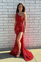 Robe de soirée longue rouge élégante à une épaule, en dentelle pailletée et fendue