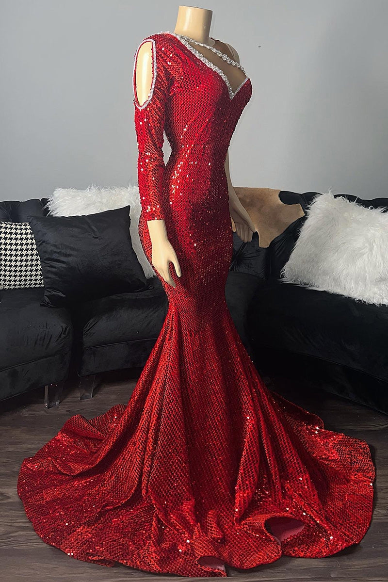 Robe de bal rouge élégante à une épaule, col en V et sequins, manches longues.