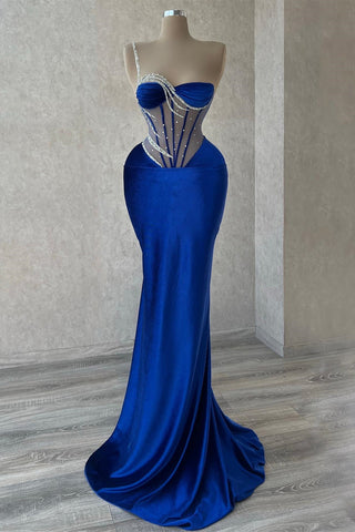 Robe de bal sirène longue bleu roi élégante à une épaule, ornée de sequins et de perles, avec dentelle.