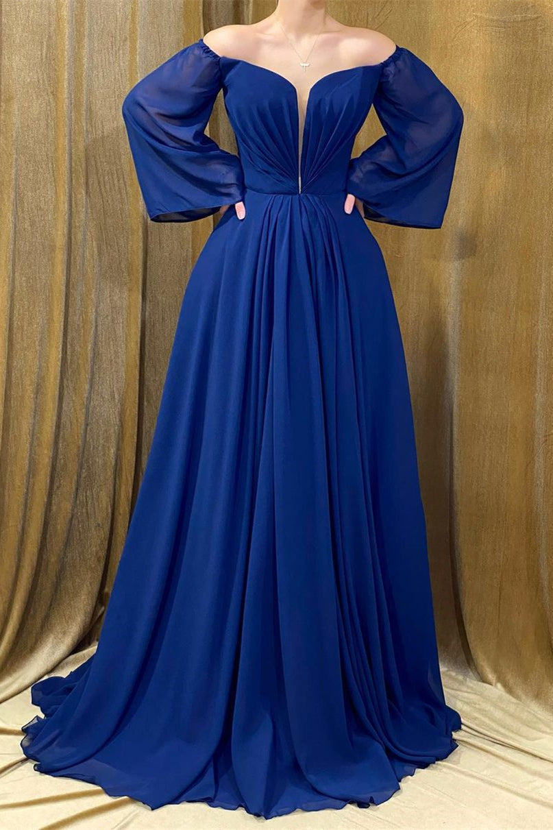 Elegante vestido de fiesta largo azul marino sin tirantes, corte en A y mangas largas