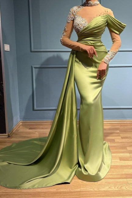 Elegant Long Sage High Neck Mermaid Evening Dresses With Long Sleeves