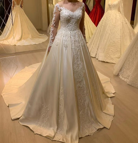 Elegante vestido de novia de manga larga, corte en A, escote corazón, apliques de encaje, perlas y satén