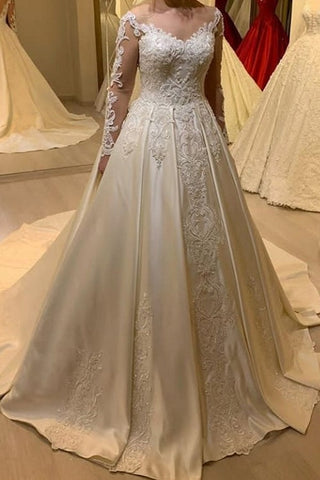 Elegante vestido de novia de manga larga, corte en A, escote corazón, apliques de encaje, perlas y satén