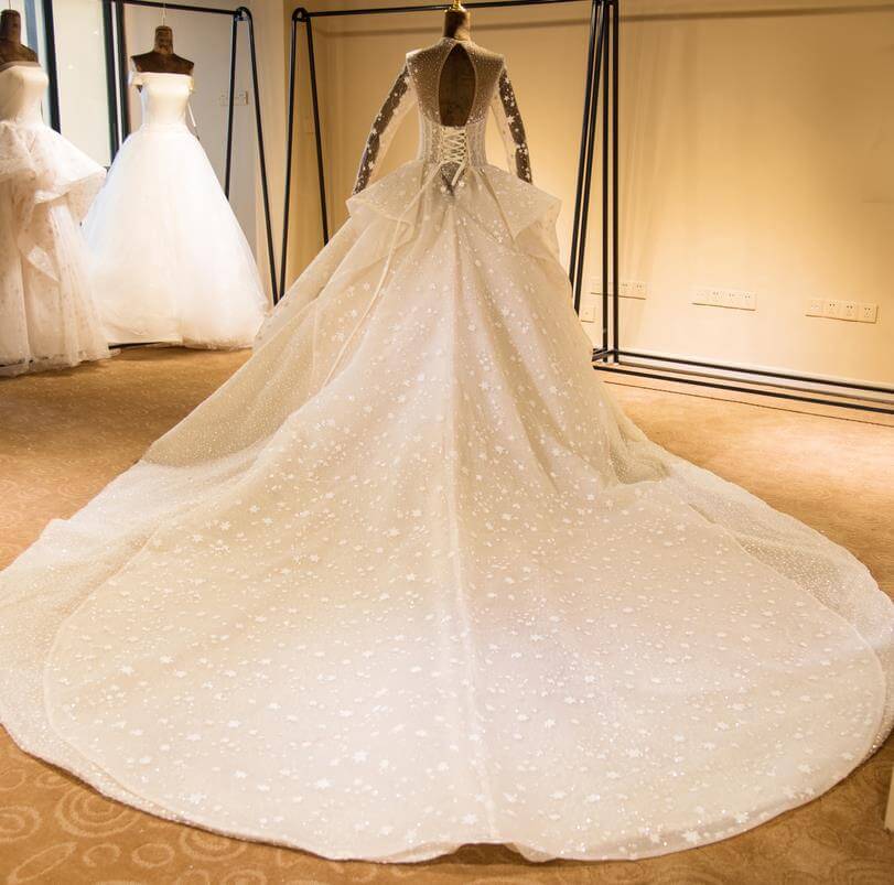 Elegante vestido de novia de tul con mangas largas, bordado con cuentas y cordones, con lentejuelas. 
