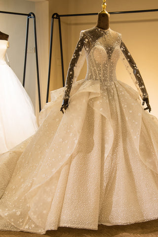 Elegante vestido de novia de tul con mangas largas, bordado con cuentas y cordones, con lentejuelas. 