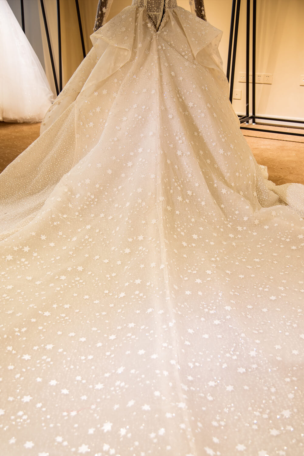 Elegante vestido de novia de tul con mangas largas, bordado con cuentas y cordones, con lentejuelas. 