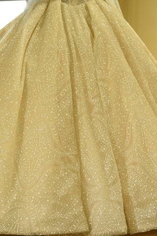 Elegante vestido de novia de corte princesa, de tul color marfil, con escote corazón y cordones, manga larga y escote corazón. 