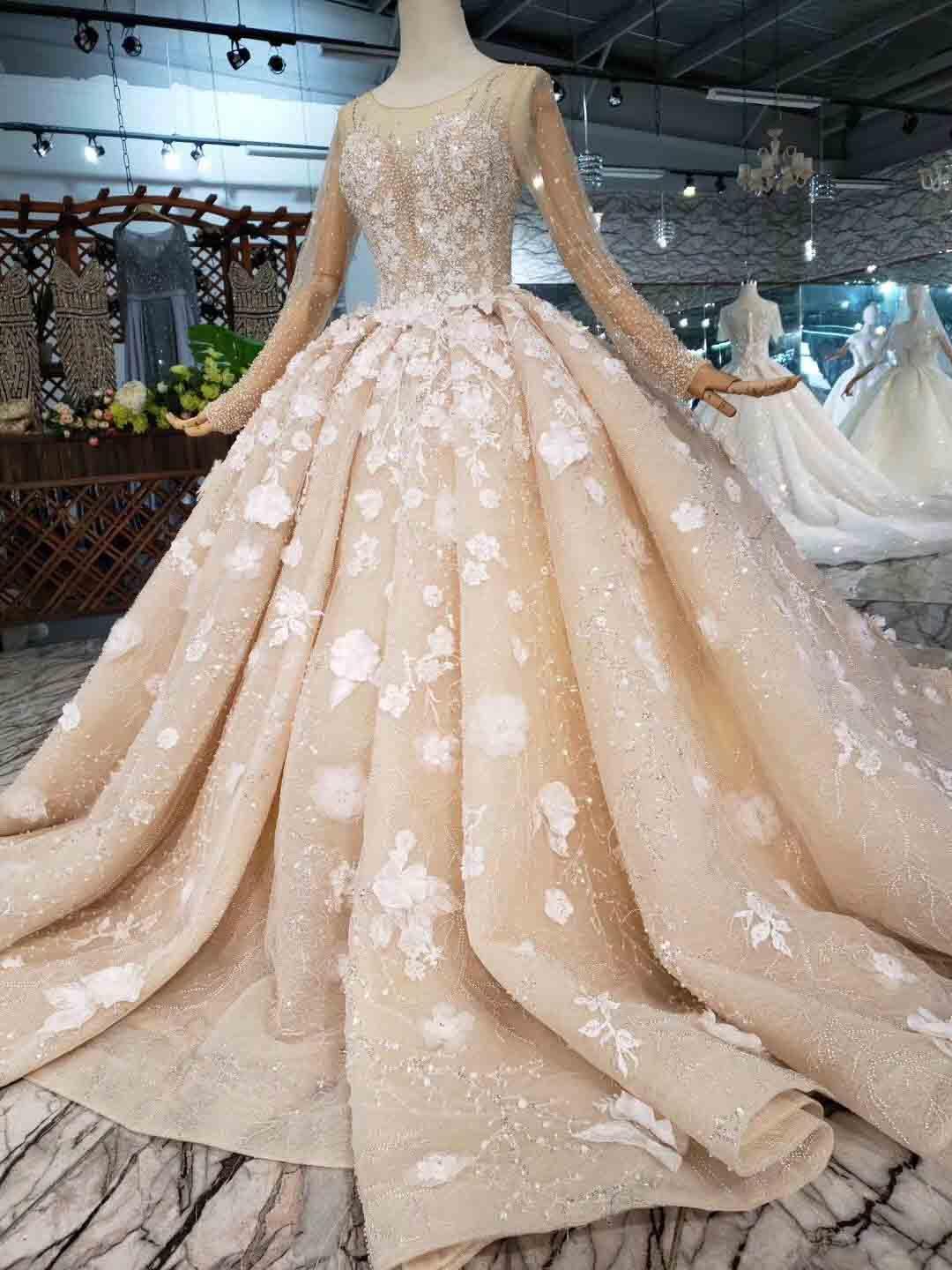 Robe de bal élégante à manches longues, ornée de perles et de fleurs, modèle WD377
