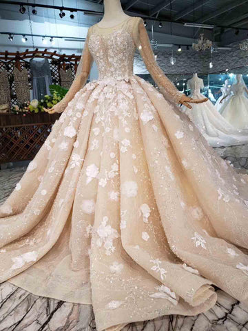 Vestido de novia de gala elegante, de manga larga, con cuentas y flores WD377