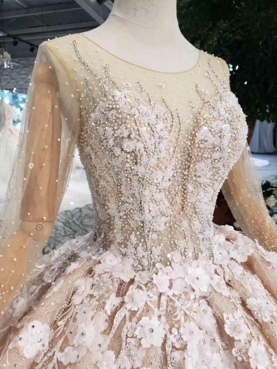 Robe de bal élégante à manches longues, ornée de perles et de fleurs, modèle WD377