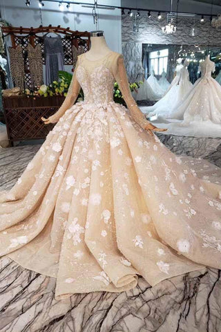 Vestido de novia de gala elegante, de manga larga, con cuentas y flores WD377