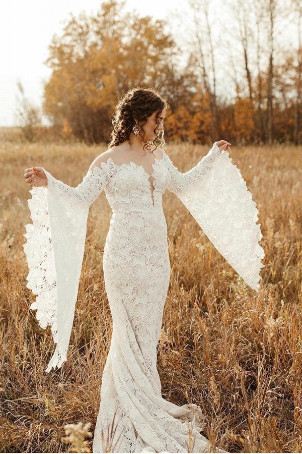 Elegantes vestidos de novia de sirena con espalda descubierta y mangas largas de encaje
