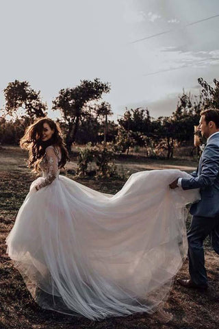 Vestidos de novia elegantes de tul con mangas largas y apliques de encaje WD385