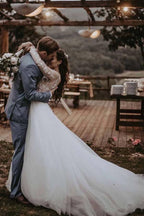 Robe de mariée élégante en tulle à manches longues avec application de dentelle WD385