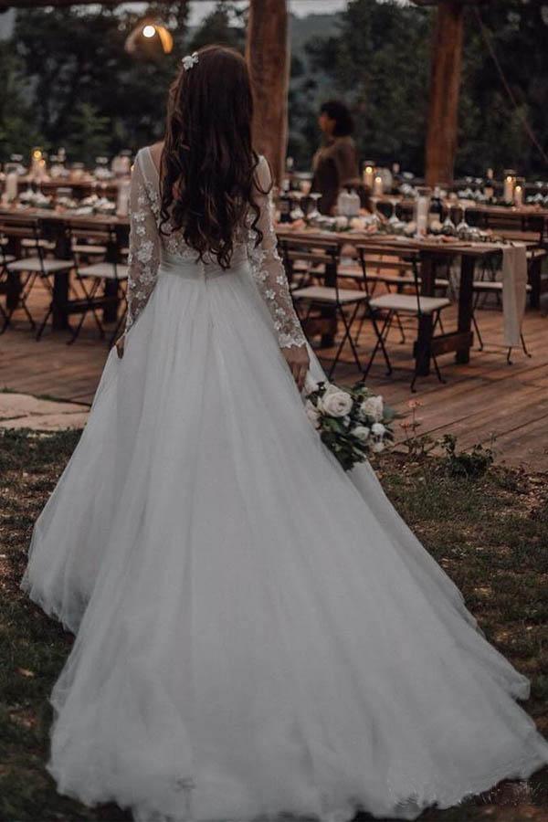 Robe de mariée élégante en tulle à manches longues avec application de dentelle WD385