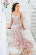Élégantes robes de bal sirène en dentelle à longues bretelles spaghetti