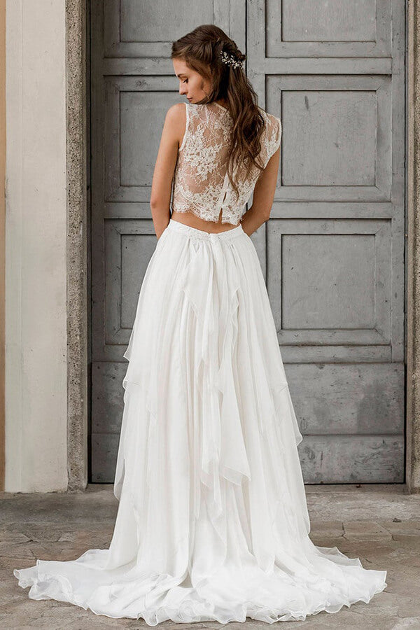 Élégante robe de mariée longue deux pièces en mousseline de soie et dentelle, coupe trapèze