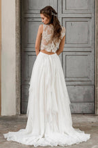 Élégante robe de mariée longue deux pièces en mousseline de soie et dentelle, coupe trapèze