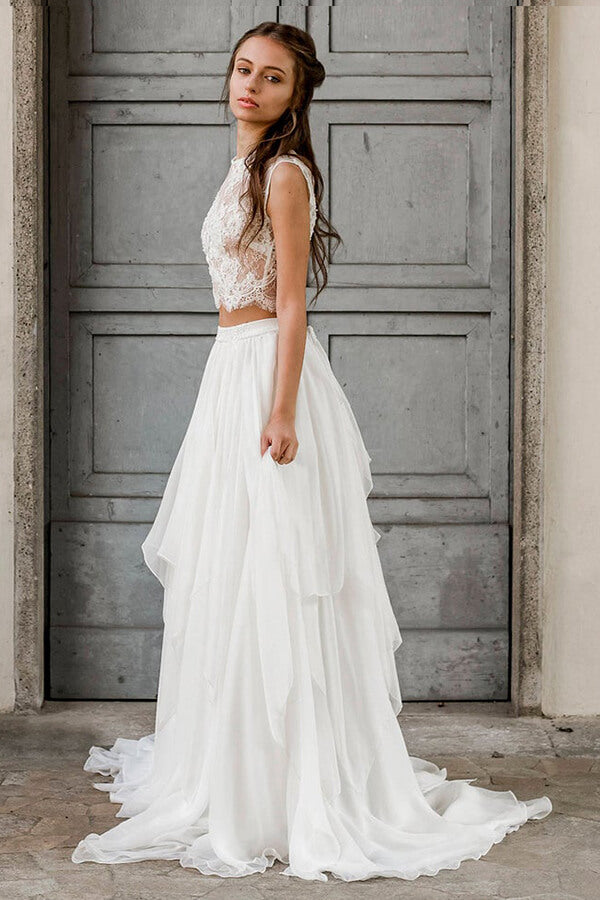 Élégante robe de mariée longue deux pièces en mousseline de soie et dentelle, coupe trapèze