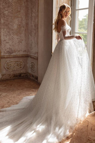 Elegant Long White A-line Off-the-shoulder Tulle Rhinestones Pearls Wedding Dress