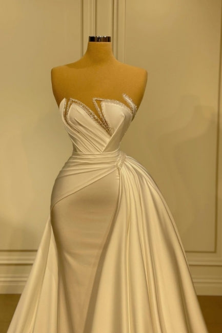 Elegantes vestidos de novia largos blancos de sirena sin mangas con lentejuelas y encaje.
