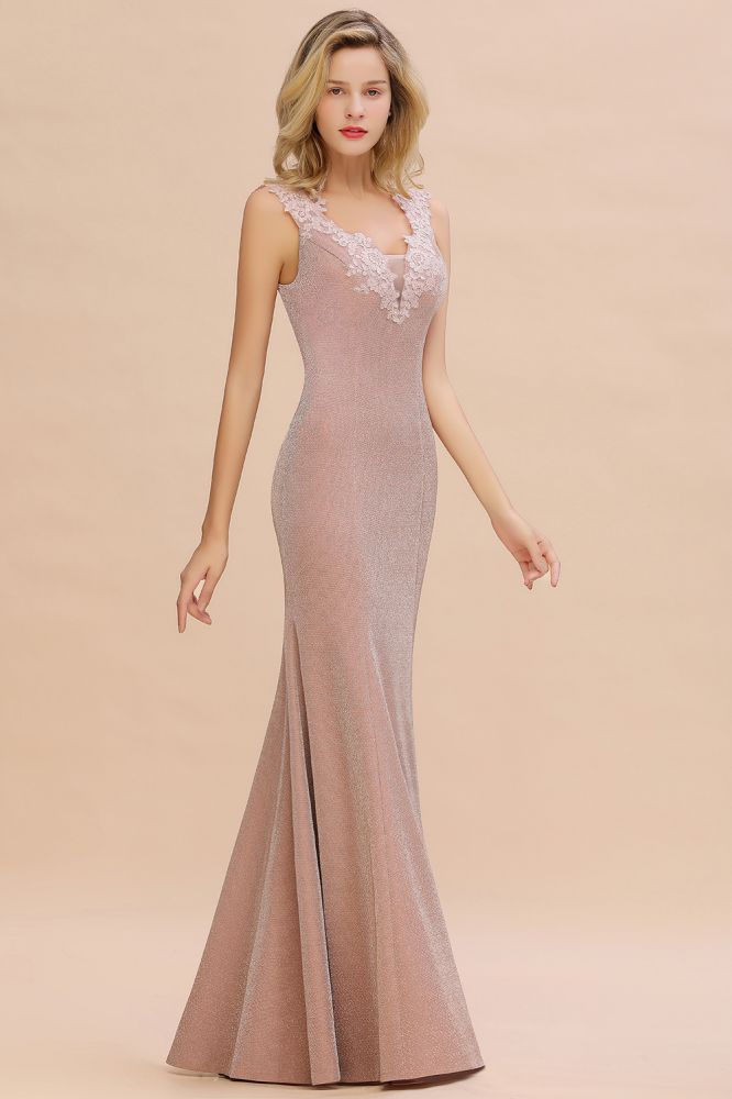 Elegante vestido de noche de sirena sin mangas con escote en V, de seda, corte ajustado.