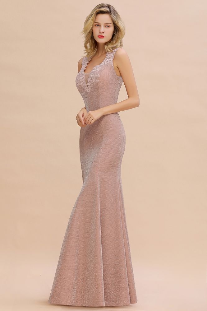 Elegante vestido de noche de sirena sin mangas con escote en V, de seda, corte ajustado.