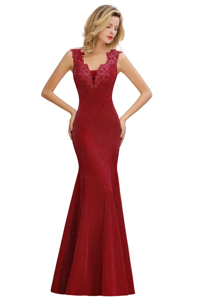 Elegante vestido de noche de sirena sin mangas con escote en V, de seda, corte ajustado.