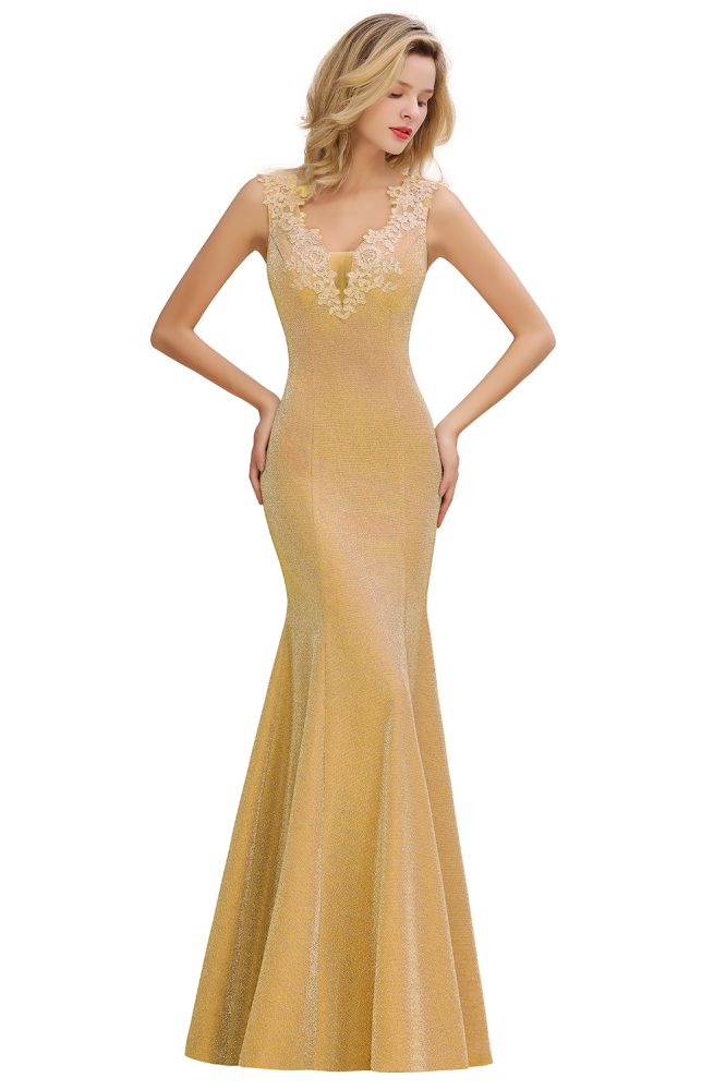 Elegante vestido de noche de sirena sin mangas con escote en V, de seda, corte ajustado.