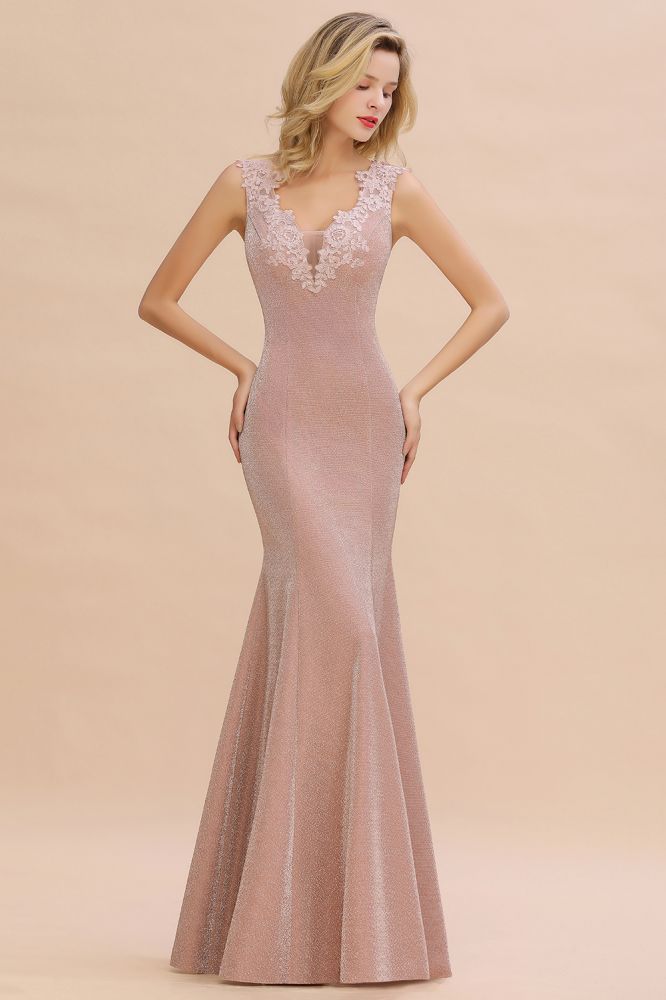 Elegante vestido de noche de sirena sin mangas con escote en V, de seda, corte ajustado.