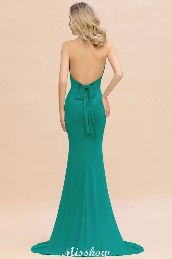 Robe de soirée sirène élégante à col halter, simple et sans manches, longue jusqu'au sol