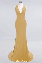 Robe de soirée sirène élégante à col halter, simple et sans manches, longue jusqu'au sol