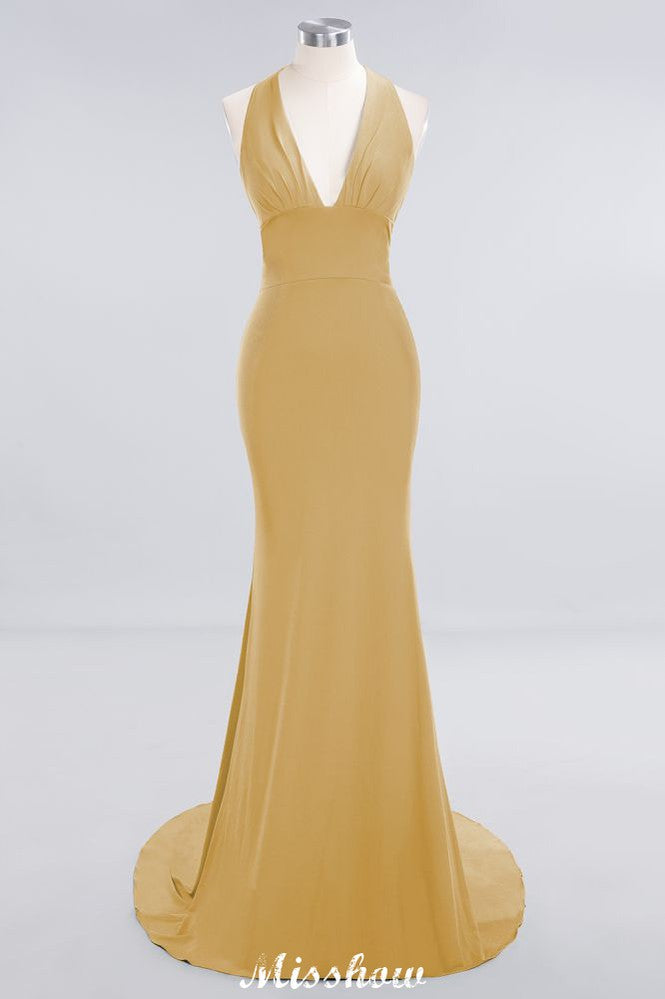 Robe de soirée sirène élégante à col halter, simple et sans manches, longue jusqu'au sol