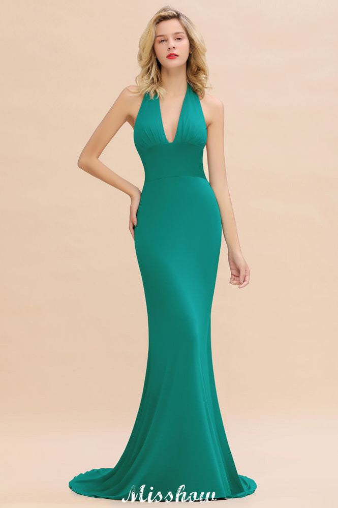 Robe de soirée sirène élégante à col halter, simple et sans manches, longue jusqu'au sol