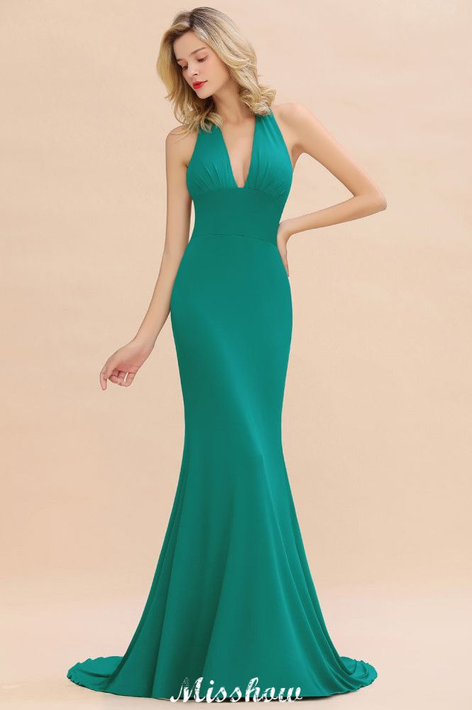 Robe de soirée sirène élégante à col halter, simple et sans manches, longue jusqu'au sol