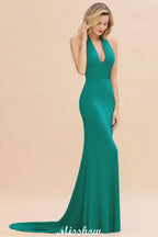 Robe de soirée sirène élégante à col halter, simple et sans manches, longue jusqu'au sol