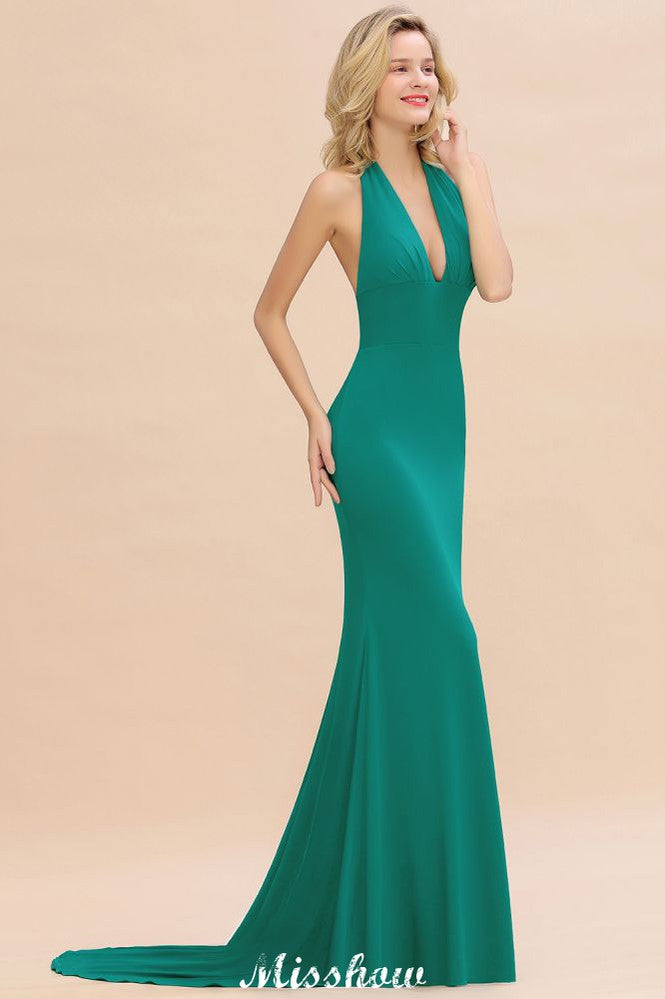 Robe de soirée sirène élégante à col halter, simple et sans manches, longue jusqu'au sol