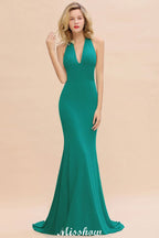 Robe de soirée sirène élégante à col halter, simple et sans manches, longue jusqu'au sol