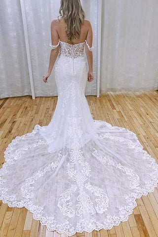 Elegantes vestidos de novia de sirena con hombros descubiertos, encaje y apliques WD527