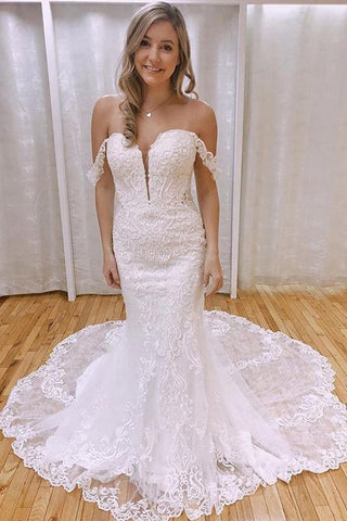 Elegantes vestidos de novia de sirena con hombros descubiertos, encaje y apliques WD527