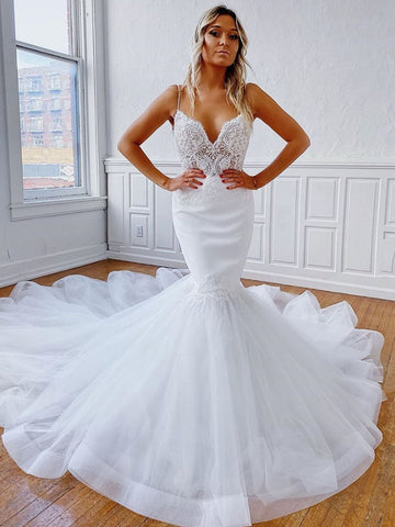 Elegant Mermaid V Neck Backless Lace White Long Wedding Dresses