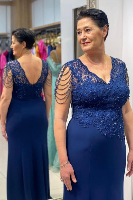 Vestidos elegantes para la madre de la novia, vestidos de dama de honor azul marino con encaje