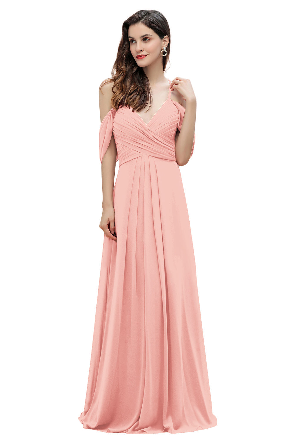 Elegante vestido de dama de honor de gasa corte A con tirantes finos y hombros descubiertos, largo hasta el suelo, ideal para bodas y fiestas.