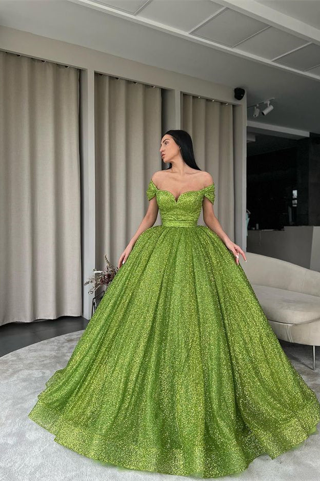 Robe de bal élégante verte à épaules dénudées et coupe trapèze ornée de sequins