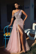 Robe de bal élégante à une épaule, sans manches, fendue sur le devant, coupe trapèze